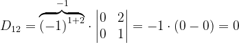 \dpi{120} D_{12}= \overset{-1}{\overbrace{\left ( -1 \right )^{1+2}}}\cdot \begin{vmatrix} 0 &2 \\ 0 & 1 \end{vmatrix}=-1\cdot \left ( 0-0 \right )=0